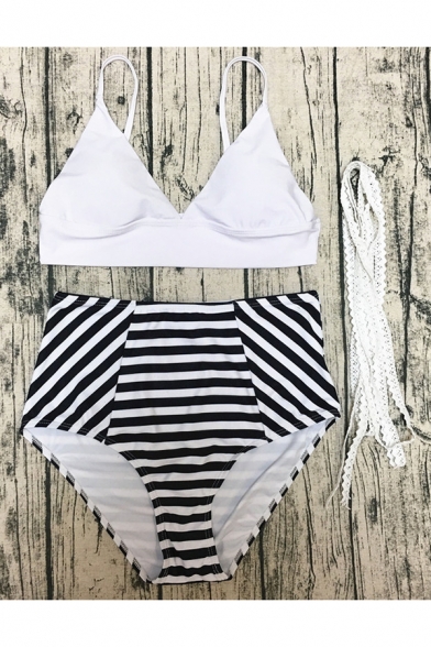 Plain Crisscross Sleeveless Top with Striped High Waist Bottom Bikini