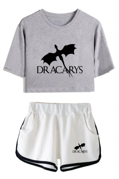 Popular Dragon Dracarys Short Sleeve Cropped Tee with Loose Shorts Sport Two-Piece Set for Girls