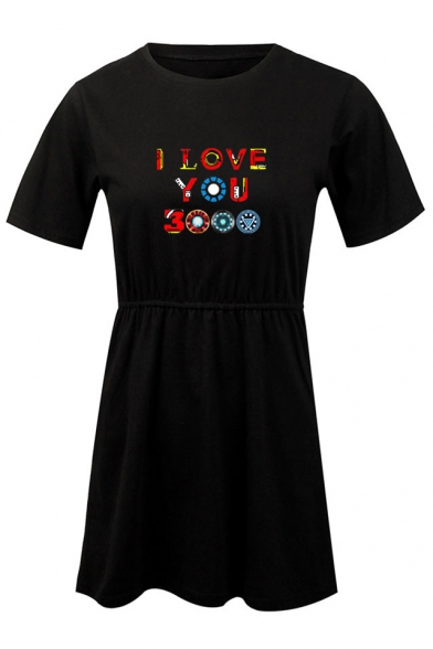 Round Neck Short Sleeve Fancy Colorful Letter I Love You 3000 Mini T-Shirt Dress A-Line Dress