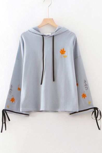 Simple Leaf Embroidery Tied Cuff Long Sleeve Cotton Loose Hoodie