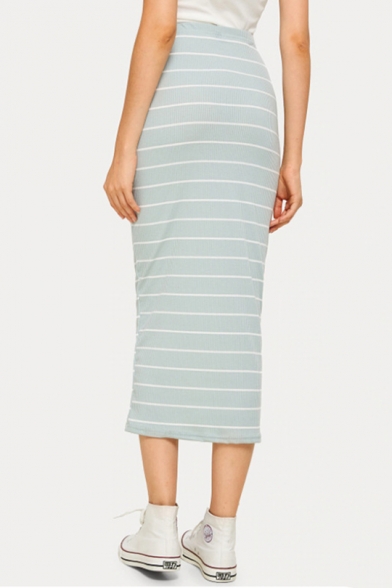 Simple Light Blue Stripe Printed Slim Fit Maxi Skirt for Women