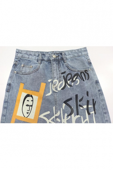 Streetwear Cool Cartoon Figure Letter Graffiti Raw Hem Summer Blue A-Line Mini Asymmetrical Denim Skirt