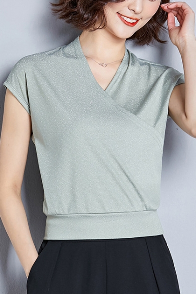Summer Basic Simple Solid Color Surplice V-Neck Ice Silk T-Shirt