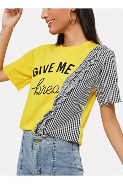 Summer Hot Fashion Letter GIVE ME Plaid Ruffled Patchwork Relaxed Yellow Tee