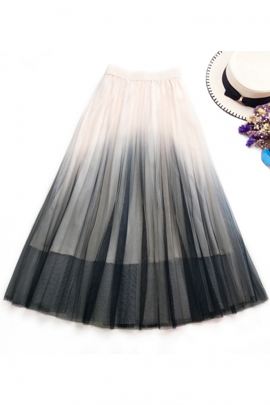 Summer Stylish Ombre Color Long A-Line Mesh Skirt with Lining