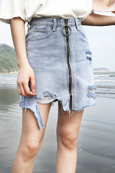 

Summer Trendy Light Blue Destroyed Ripped Frayed Hem Mini A-Line Denim Skirt, LM519427