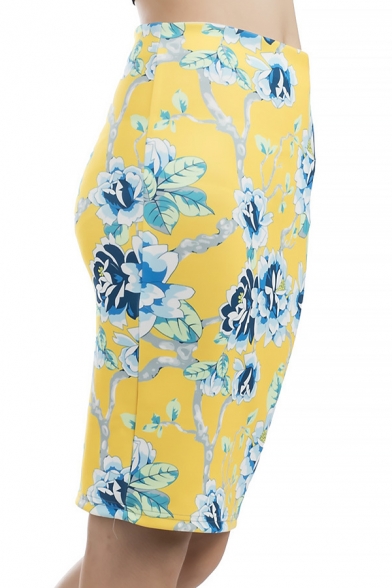 Summer Trendy Yellow Floral Printed Split Back Mini Bodycon Skirt