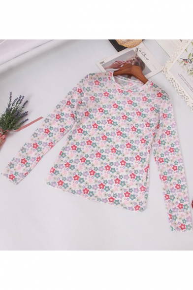 Summer Unique Allover Floral Printed Long Sleeve Slim Fit Mesh T-Shirt