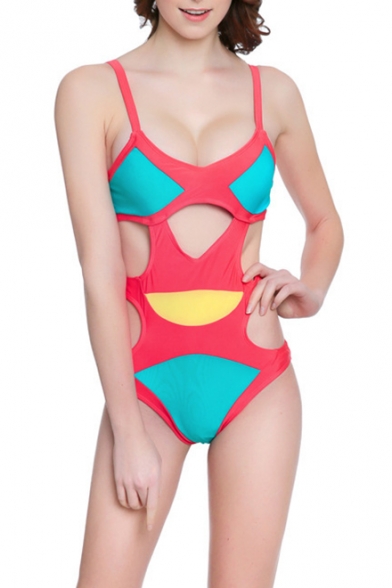 Summer Unique Awesome Colorblock Sexy Cut Out One Piece Swimsuit for Women