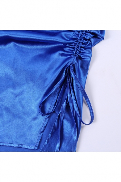 Summer Unique Drawstring Split Side Simple Plain Mini Asymmetrical Cami Dress