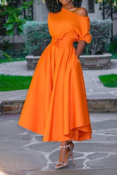 Summer Unique Orange Vintage Puff Sleeve Tied Waist Maxi Fit and Flared Swing Dress