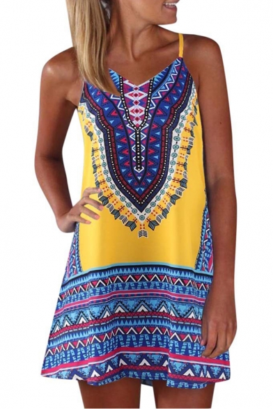 Summer Unique Tribal Printed V-Neck Sleeveless Mini Strap Dress Beach Dress