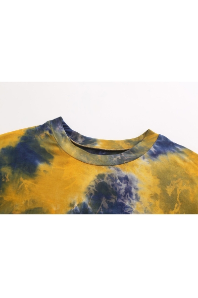 Summer Unique Yellow Tie Dye Round Neck Short Sleeve Cropped T-Shirt