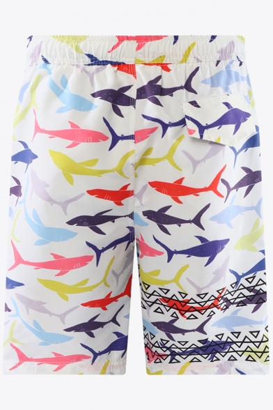 Trendy Allover Shark Fish Printed Guys Beach Swim Trunks with Lining