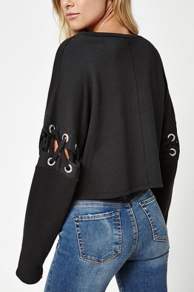 Unique Eyelet Lace-Up Long Sleeve Round Neck Cropped Casual Loose T-Shirt