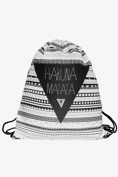 Unique Letter Geometric Stripe Printed Black and White Canvas Drawstring Backpack 30*39 CM
