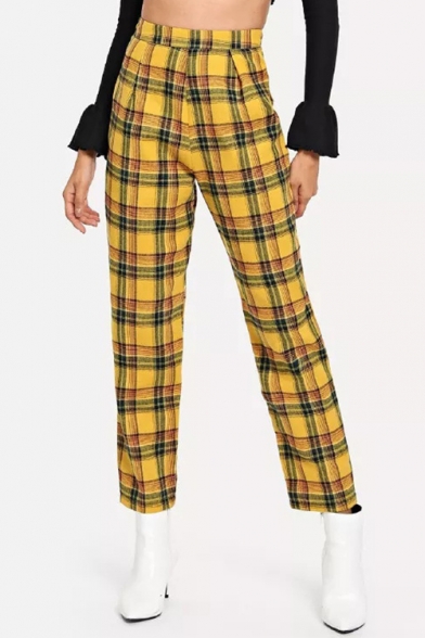 Vintage Classic Plaid Printed High Rise Cotton Loose Casual Pants Trousers for Women