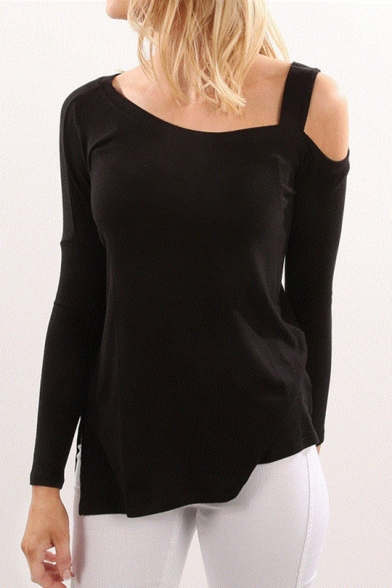 Women Hot Style Off The Shoulder Long Sleeve Plain Irregular Cotton T-Shirt