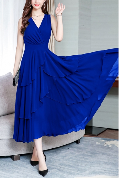 Women's Boho Style Sleeveless V Neck Plain Maxi A-Line Chiffon Dress