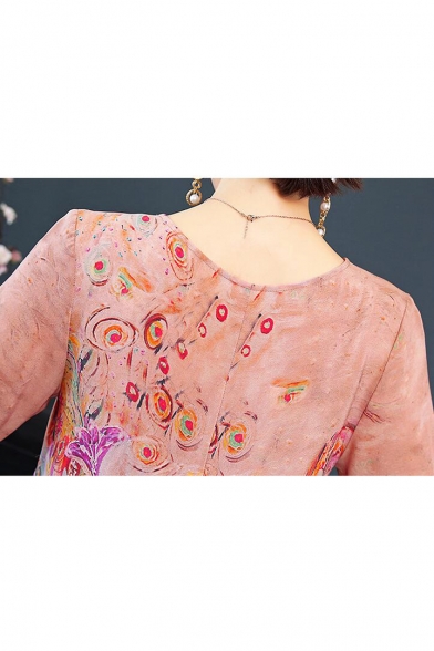 Women's Elegant Round Neck Half Sleeve Floral Pattern Midi Silk Beach Dress
