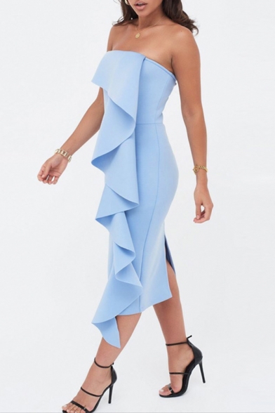 Women's Hot Fashion Plain Print Ruffle Detail One Shoulder Midi Bandeau Cotton Dress