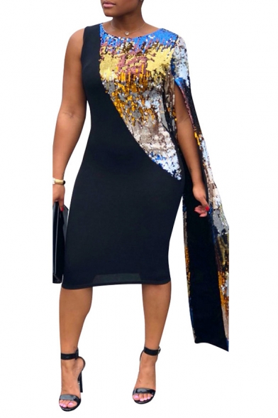 Women's Hot Fashion Plain Sequined Detail Round Neck Long Sleeve Midi Bodycon Black Dress