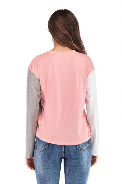 Women's Round Neck Long Sleeve Color Block Grey T-Shirt