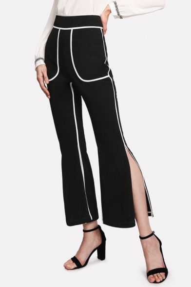 Women's New Trendy Contrast Piping High Rise Split Side Black Flare Pants