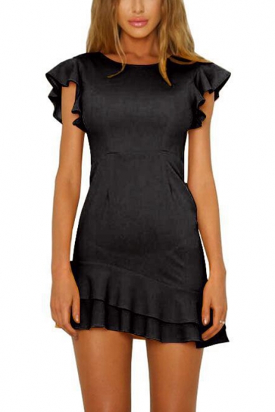 Women's Summer Trendy Plain Printed Round Neck Ruffle Short Sleeve Mini A-Line Casual Dress