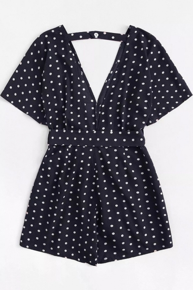 Women's Trendy Polka Dot Printed Sexy V-Neck Bow-Tied Waist Casual Playsuit Romper