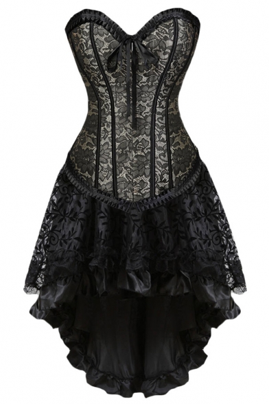 Women's Vintage Gothic Steampunk Luxury Jacquard Bow Tied Bodyshaper Corset High Low Hem Ruffled Bustier Dress