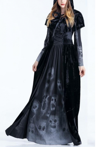 Womens Black Cosplay Costume Halloween Black Ghost Witch Vampire Cloak Dress Outfit Hooded Robe