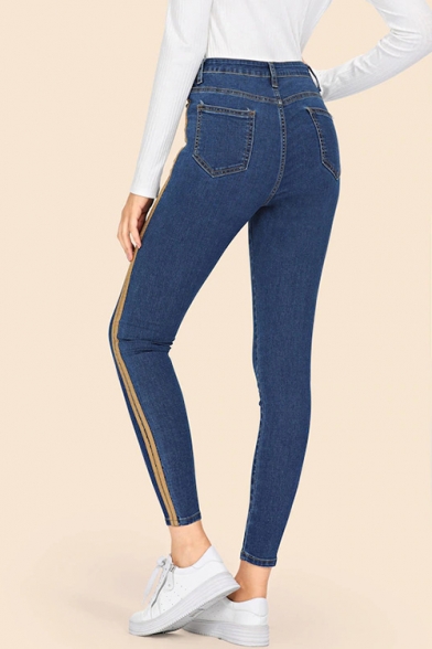 Womens Fashion Striped Tape Side Slim Fit Cropped Jeans
