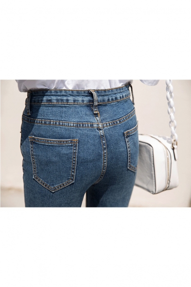 Womens High-Waisted Fashion Patchwork Hem Regular Fit Blue Capri Jeans