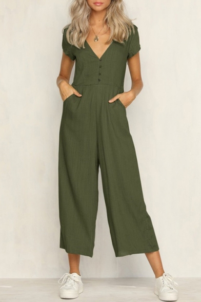 Womens Holiday Simple Plain V-Neck Short Sleeve Button Front Wide Leg Pants Jumpsuits