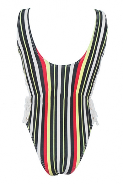 Womens New Fashion Vertical Striped Printed Grommet Lace-Up Front One Piece Swimsuit Swimwear