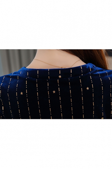 Womens Stripe Star Printed Cut Out Round Neck Long Sleeve Pleuche Velvet Tee
