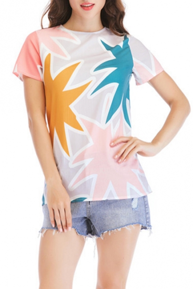 Womens New Stylish Colorblock Round Neck Short Sleeve Casual Relaxed Tee