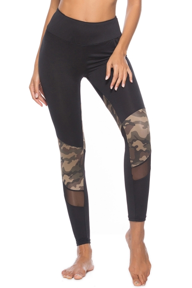 Womens New Trendy Camo Patched Mesh Panel Black Skinny Fit Yoga Leggings