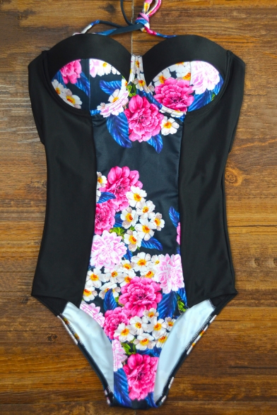 Womens New Trendy Vintage Halter Neck Floral Print Black One Piece Swimsuit Swimwear