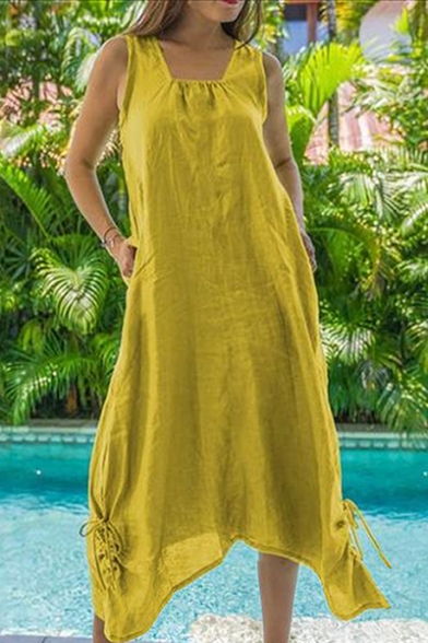 Womens Summer Hot Fashion Simple Solid Color Sleeveless Drawstring Hem Maxi Loose Linen Dress