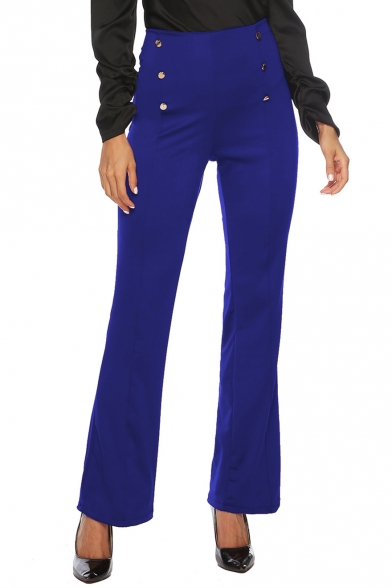 Womens Unique Double Button-Fly Front Solid Color Slim Fit Flare Pants