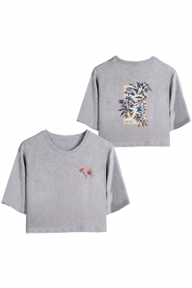 Basic Simple Floral Pattern Short Sleeve Round Neck Relaxed Cropped T-Shirt