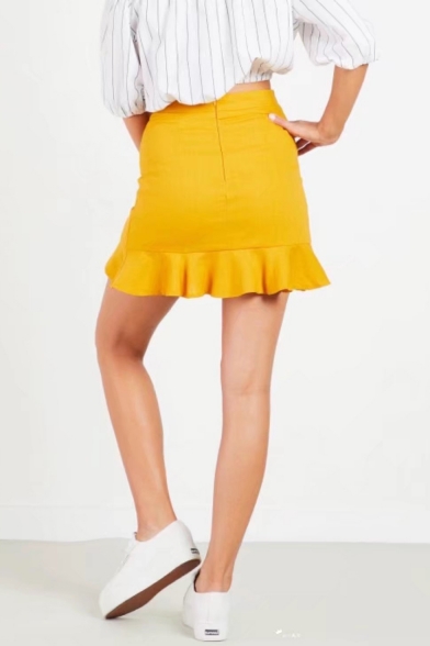 Basic Simple Solid Color High Rise Ruffled Hem Split Side Mini Skirt