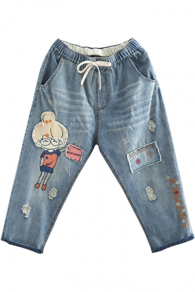 Blue Drawstring Waist Cartoon Girl Embroidery Ripped Cropped Straight Jeans