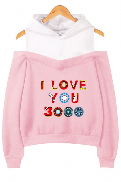 Chic Colorful Letter I Love You 3000 Cold Shoulder Fake Two-Piece Long Sleeve Hoodie