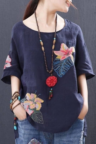 Chic Tribal Floral Embroidery Round Neck High Low Hem Relaxed Cotton T-Shirt