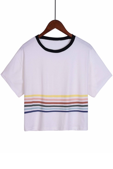 Contrast Round Neck Colorful Striped Printed Short Sleeve Cropped Tee