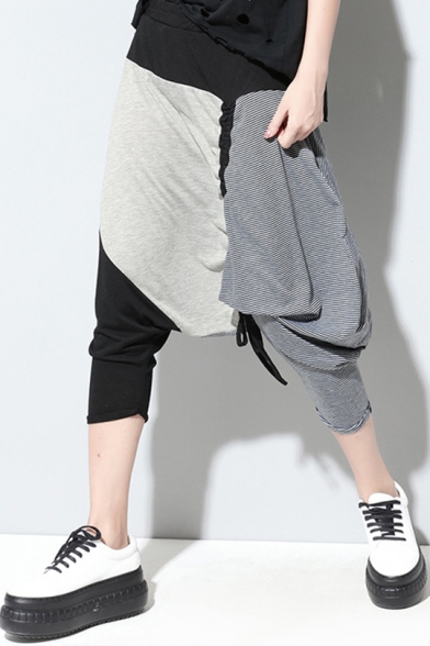 Cool Hip Hop Fashion Streetwear Unique Patchwork Low-Crotch Cropped Harem Pants