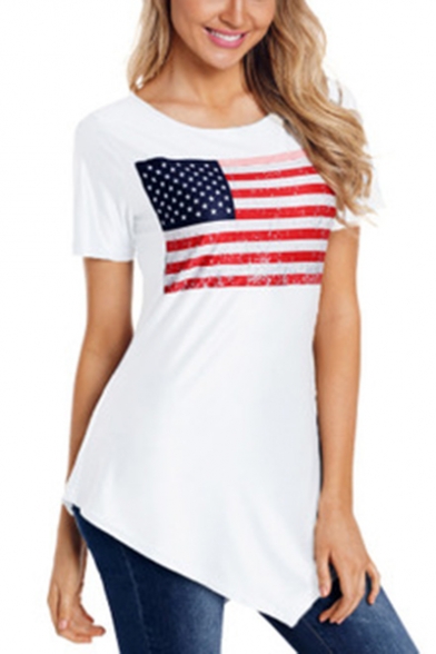 Cool Letter Stripe Star Flag Printed Asymmetrical Hem Cotton T-Shirt